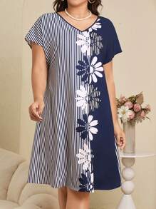EMERY ROSE Plus Size Women Striped Floral Print V-Neck Short Sleeve Straight Casual Midi Dress,Women Summer Dresses, Women Dresses Women Short Dresses, Women Floral Dress,Summer Outfits For Women,Concert Outfit Women Women Cocktail Dress,Elegant Women's Dress
