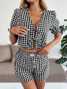 Breezaya 2 件女式格子前领带短袖衬衫和短裤 2 件套 - 黑與白 - 查看 6