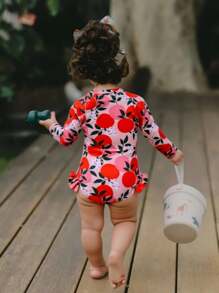 Baby Girl Floral Print Long Sleeve Zipper Front One-Piece Swimsuit, Ruffled Trim, Includes Hat (Random Print) - Multicolor - View 2