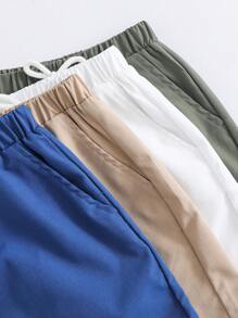 SHEIN Conjunto de 4 piezas de pantalones cortos informales y deportivos para niño pequeño, adecuados para uso diario, escuela, deportes, primavera/verano, que incluye: pantalones cortos blancos con cordón, pantalones cortos verdes, pantalones cortos azules, pantalones cortos negros