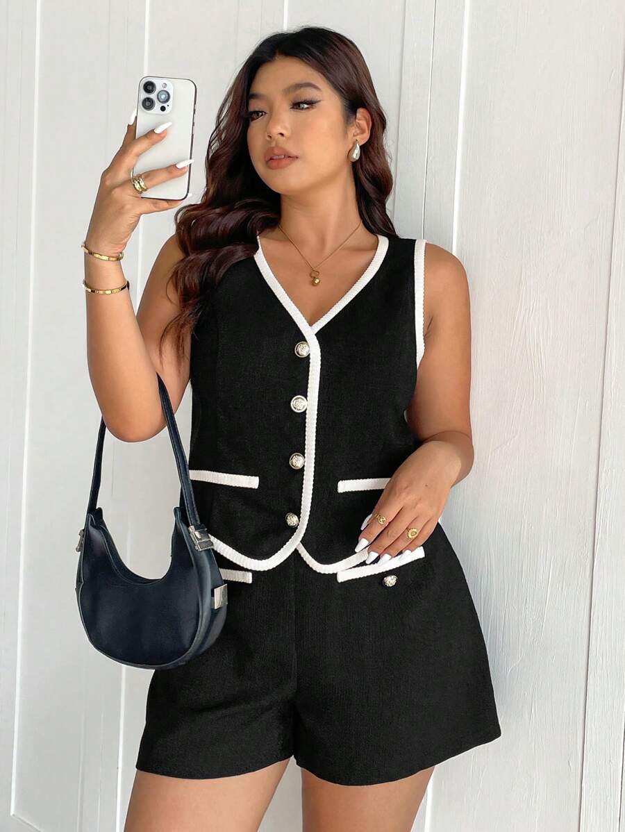 SHEIN Frenchy Bộ 2 món vải tuýt thanh lịch tối giản cỡ lớn dành cho nữ - Đen và trắng - Xem 1