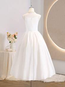 Elegant Sleeveless High Waist Long Solid Color Pleated Slim Fit Dress For Teenage Girls, Wedding Party Flower Girl Gown, White