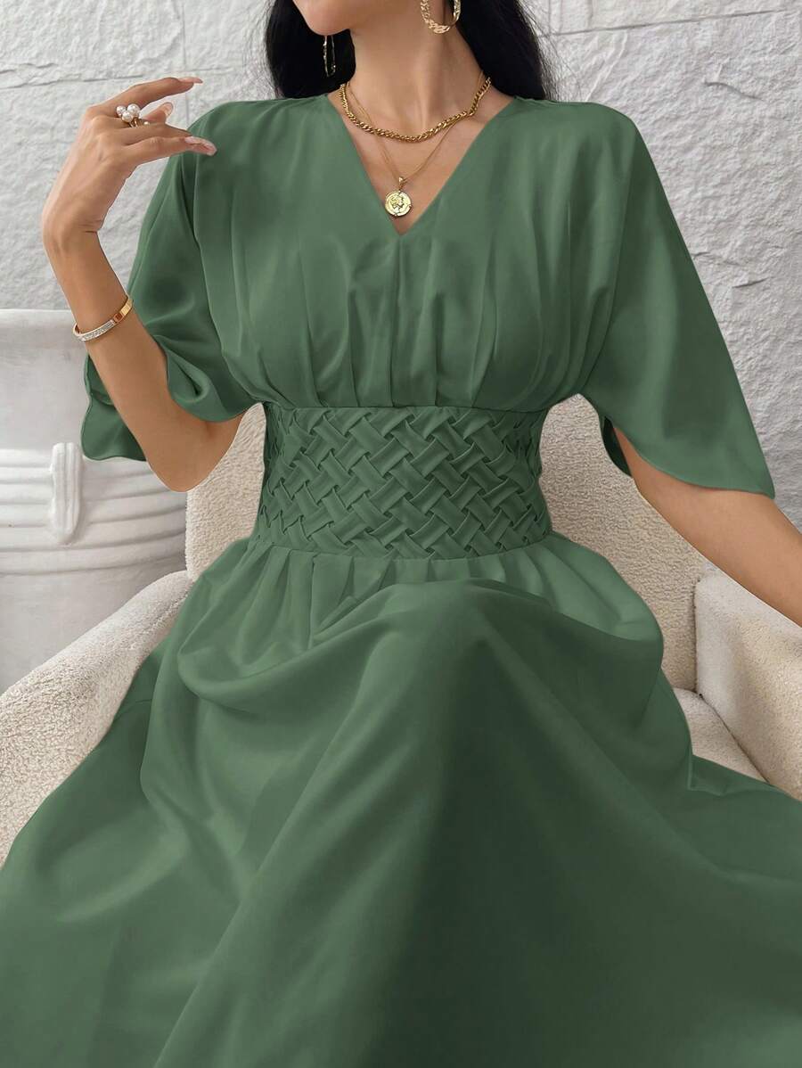 Modelyn 女士纯色简约日常 V 领连衣裙长款晚礼服 - 綠色 - 查看 1