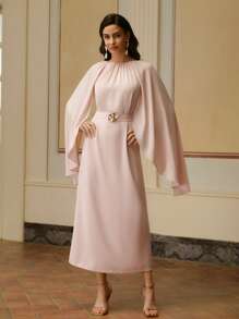 ZEYLAH Women's Solid Color Round Neck Long Sleeve Elegant Maxi Dress, Satin Evening Dress - Pink - View 6