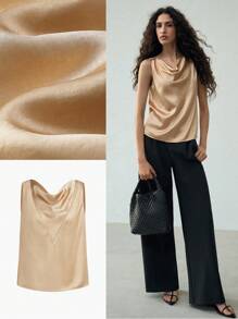 MOTF PREMIUM COWL NECK SIMPLE SLEEVELESS BLOUSE - Khaki - View 8