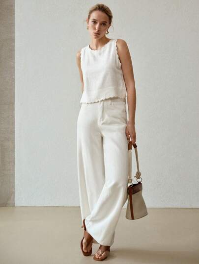 LINEN SOLID SCALLOP EDGE TANK TOP｜Motf