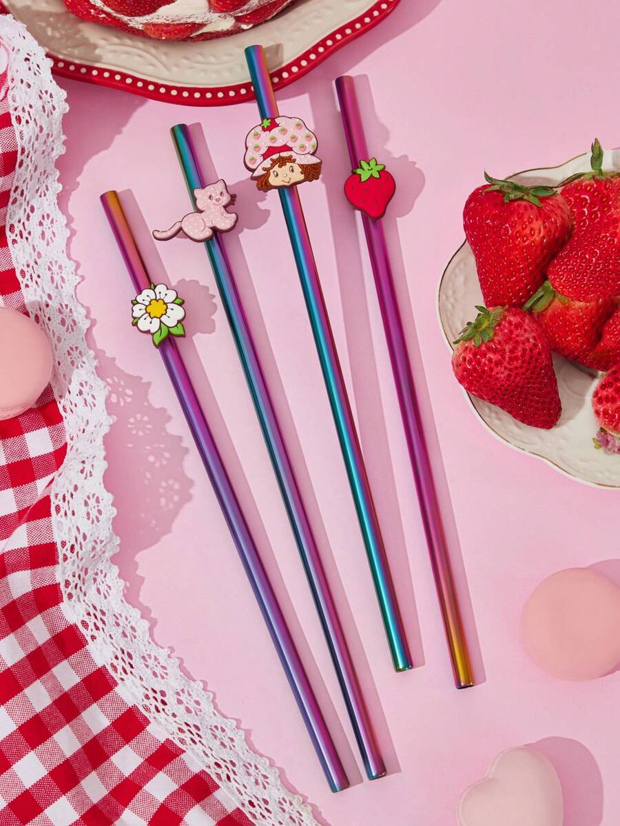 Strawberry Shortcake X SHEIN 4 sets de pajitas lindas, que incluyen pajitas de acero inoxidable y cepillos de limpieza