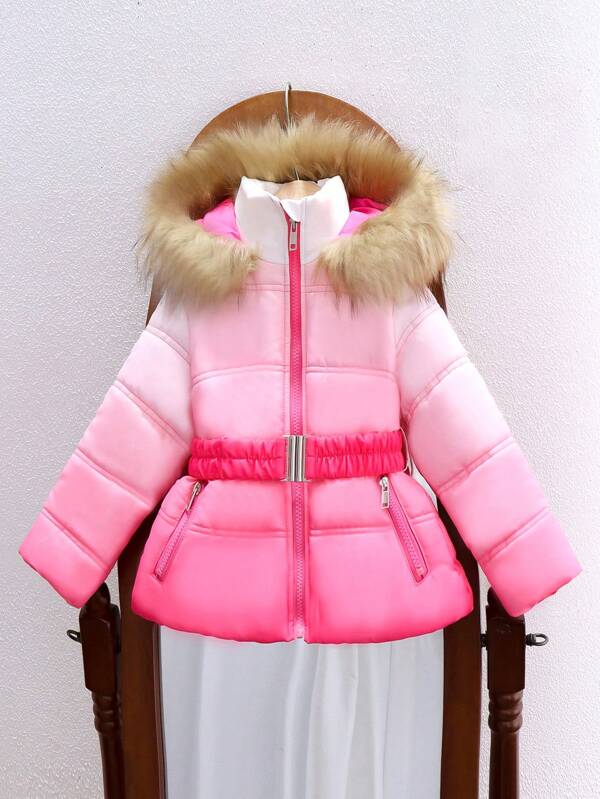 SHEIN Manteau matelassé à capuche zippé avec col duveteux à imprimé arc-en-ciel pour jeune fille, hiver