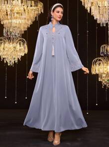 Al Najma Women Plant Embroidery Long Sleeve Elegant Dress, Modest Kaftan - Blue - View 3