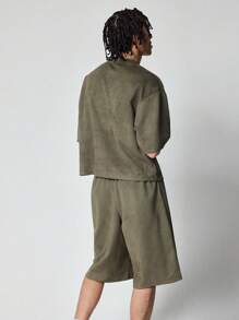 ROMWE MEN Prep Men's Jersey Suede Casual Numeric Print T-Shirt And Shorts Set - Green - View 6