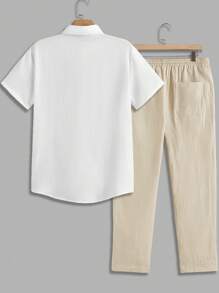 Manfinity VCAY 2pcs/Set Men's Woven Fitted Spread Collar Casual Shirt Set, Suitable For Summer - White - View 3