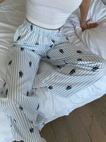 SHEIN Pantalones sueltos azul y blanco con rayas de verano versátiles y casuales para adolescentes