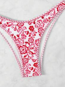 Swim Vcay Summer Women Random Floral High Cut Bikini Swimwear - Red and White - View 4