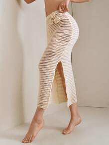 SHEIN Swim 夏季手工钩编花卉罩衫连衣裙，休闲简约性感比基尼裙 - 杏色 - 查看 4