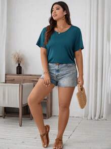 SHEIN LUNE Camiseta casual de verano para mujer de talla grande, de unicolor, cuello redondo y manga corta, versátil - Agua verde azul - Ver 4