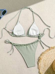 Swim Mod Women's Vacation Striped Nautical Patchwork Ruffled Tied Bikini Set For Summer - Army Green - View 8