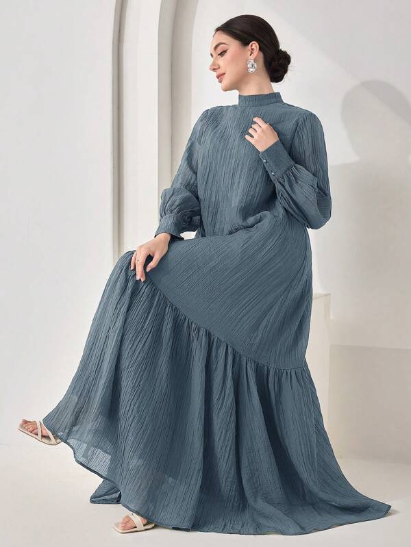 Veilorie Damen elegantes einfarbiges Kleid mit Stehkragen, Langarm und Rüschensaum