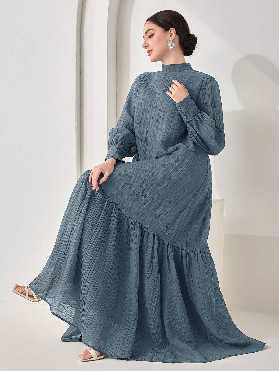 Veilorie Women's Elegant Solid Color Stand Collar Long Sleeve Ruffle Hem Dress