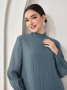 Veilorie Women's Elegant Solid Color Stand Collar Long Sleeve Ruffle Hem Dress - Blue - View 6