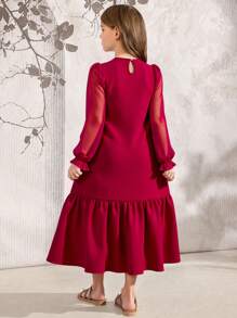 SHEIN Explorewe Tween Girls 优雅中式领花卉 A 字形网眼透明长袖连衣裙，适合日常通勤、度假、晚宴、家庭聚会、春夏季 - 紅色 - 查看 2