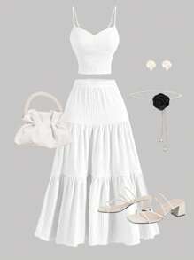 Girlism Teen Girl 2pcs/Set ,Vacation, Elegance,Camisole Tank Top And Long Skirt,Brunch Outfit, Two Pieces Sets,Inside Out,Spring And Summer,Fall Clothes,Back To School Clothes