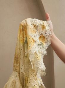 Anewsta Oblique Shoulder Ruffle Embroidered Print Accessory Waist Belt Patchwork Elegant Floral Dress, Festival/Going Out/Vacation Outfits For Women