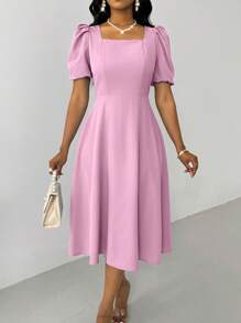 Lyxana Elegante e alla moda vestito blu da donna versatile per uso quotidiano, con scollo quadrato, maniche a palloncino e vita svasata