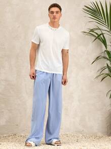 Manfinity Unisex Unisex Casual Woven Vertical Striped Mid Rise Drawstring Loose Wide Leg Pants, Suitable For Daily Wear - Blue - View 3