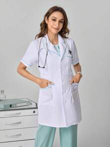 Scrubzie Women's Solid Color Lapel Collar Long Sleeve Pocket Casual Lab Coat Flat Collar Button Front Regular Jacket, Lab Coats Women Colorblock Trim Button Front Scrub Top With Pockets, White Gown For Women Women Scrub Sets For Women Nurse Scrub Sets Women Women Scrub Sets Women Tops Blouses Tee Professional Clothes Women Sets Scrubs Scrub Sets Plus Size Scrub Sets Women Clothing 2 Pieces - White - View 7