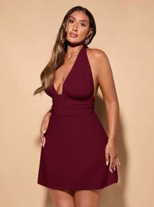 SHEIN BAE 大码女士甜美日常穿着红色连衣裙，后背带露肩，女士生日礼服 - 酒紅色 - 查看 4