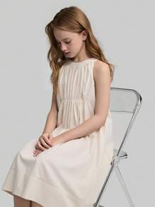 Ontre Tween Girls' Casual Loose Strappy Backless Dress With Exaggerated Bow Decor, Minimalist Plain Color, Suitable For Outdoor, Home, School, Beach, Holiday - Apricot - View 5