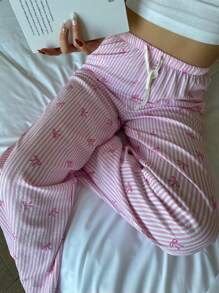 SHEIN Elegant Low Waist Sweet Floral Bow & Stripe Print Long Pants, Comfortable For Casual Wear, Suitable For Spring/Summer, Home - Pink - View 5