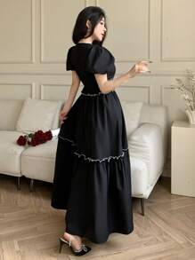 Modelyn Women's Color Block Puff Sleeve Casual Long Dress,Tea Party Dress,Summer Dresses For Women,Summer Outfits For Women,Sun Dress - Black - View 6