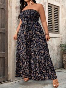 SHEIN CURVE+ Plus Size Women Floral Bandeau Tie Romper, Vacation - Navy Blue - View 6