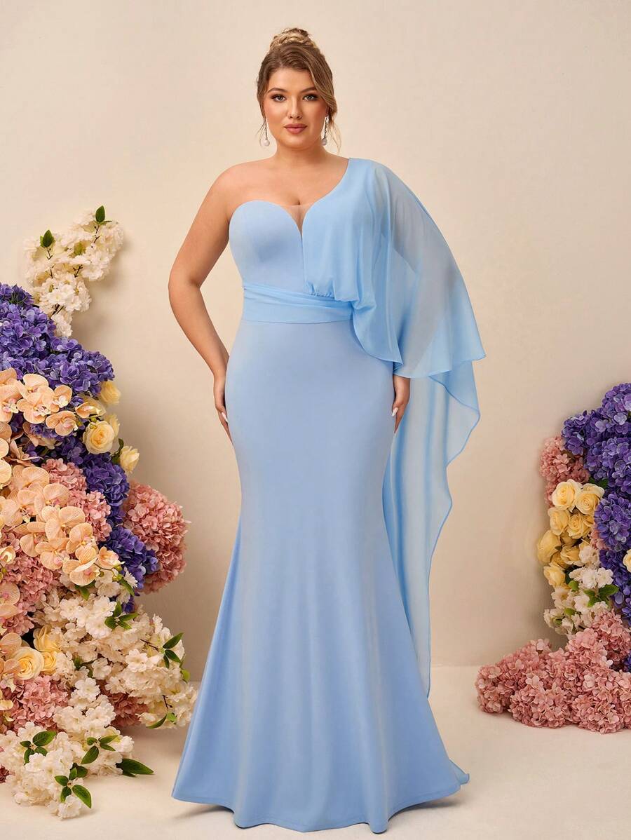 SHEIN Belle Váy phù dâu đuôi cá dài tay bồng bềnh bất đối xứng vai không đối xứng thanh lịch lãng mạn màu xanh cỡ lớn - Màu xanh lam - Xem 1