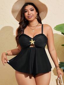 Swim Lushoire Bộ đồ bơi & áo crop top kim loại màu trơn cỡ lớn cho nữ - màu đen - Xem 6