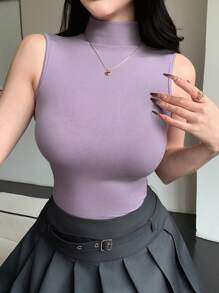 DAZY Ärmlösa Bodycon-linnen för kvinnor med hög hals - Blåröd - Visa 6