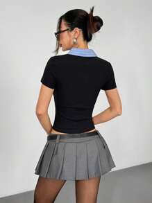 Muchica Women's Casual Patchwork Color Blocking Shirt 2 In 1 Fitted T-Shirt - Multicolor - View 2