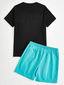 Manfinity Homme Men Letter Print Round Neck Short Sleeve Casual T-Shirt And Drawstring Waist Shorts 2 Pieces Set, Men's Travel Daily Commute Vacation INS Set Style, Offering Comfort And A Relaxed Fit, Perfect For Couples' Gatherings, A Thoughtful Gift For Husbands, Boyfriends, Girlfriends, Or Dads, Suitable For Outdoor Travel, Available In Multi-Piece Sets, Ideal For Wedding Parties, A Beautiful INS Versatile Piece For Parties, A Must-Have For Spring And Summer Gatherings, Blending A Fashion Style Of Maturity, Steadiness, And Wisdom, Especially Suitable For Middle-Aged And Young Successful Individuals. - Multicolor - View 4