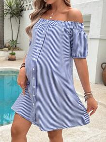 SHEIN Umstandsmode Kleid für Urlaub im Lässig Stil mit gestreiftem offener Schulter Kurzarm - Blau-Weiß - Übersicht 3