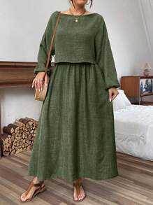 Linhara 2pcs Plus Size Set: Long Sleeve Solid Top And Skirt - Green - View 1