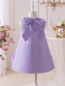 SHEIN 年轻女孩紫色编织纹理花卉 3D 圆领无袖修身连衣裙，优雅，婚礼，花童，大蝴蝶结，珍珠，蝴蝶结后背 - 紫色 - 查看 8