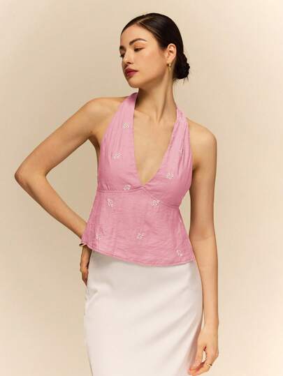 Poéselle Top halter escotado en V con bordado floral, sexy para vacaciones