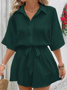SHEIN VCAY Plus Size Effen Kleur Korte Mouw Romper, Eenvoudig En Modieus, Geschikt Voor De Zomer