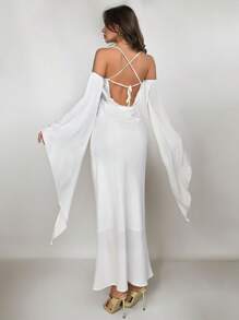 Aloruh Women's Elegant Satin Dress, White, For Wedding, Date, Prom, Backless Spaghetti Strap Flare Sleeve - White - View 2