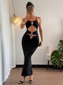SHEIN PETITE Vestido de unicolor con hebilla no convencional de moda - Negro - Ver 4