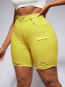 SHEIN 大码女式口袋破洞紧身休闲牛仔短裤夏季女装节日服装优雅休闲骑行短裤 - 黃色 - 查看 3
