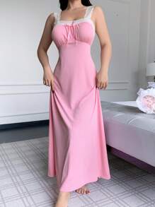 Elegant Lace Patchwork Spaghetti Strap Long Nightgown For Women - Pink - View 7