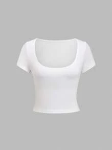 Sweetra 女士性感纯色低领修身短袖 T 恤 - 彩色 - 查看 4