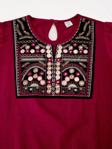 SHEIN Explorewe Tween Girls 优雅中式领花卉 A 字形网眼透明长袖连衣裙，适合日常通勤、度假、晚宴、家庭聚会、春夏季 - 紅色 - 查看 4
